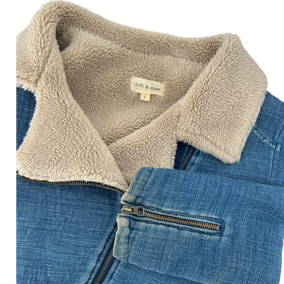 Cloth and Stone Denim Sherpa Lined Belted Jacket Size Large - Picture 1 of 10